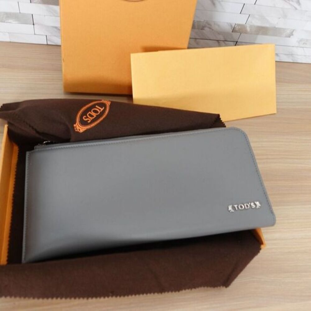 TODS Wallet Leather Zip Around Gray Bifold Clutch Luxury Boarding Letterine $825